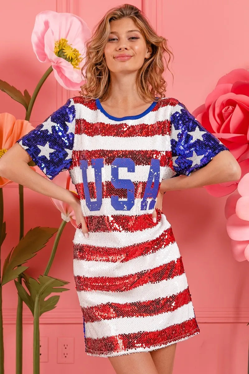 BiBi American Flag Theme Usa Print Sequin Dress Dresses Trends