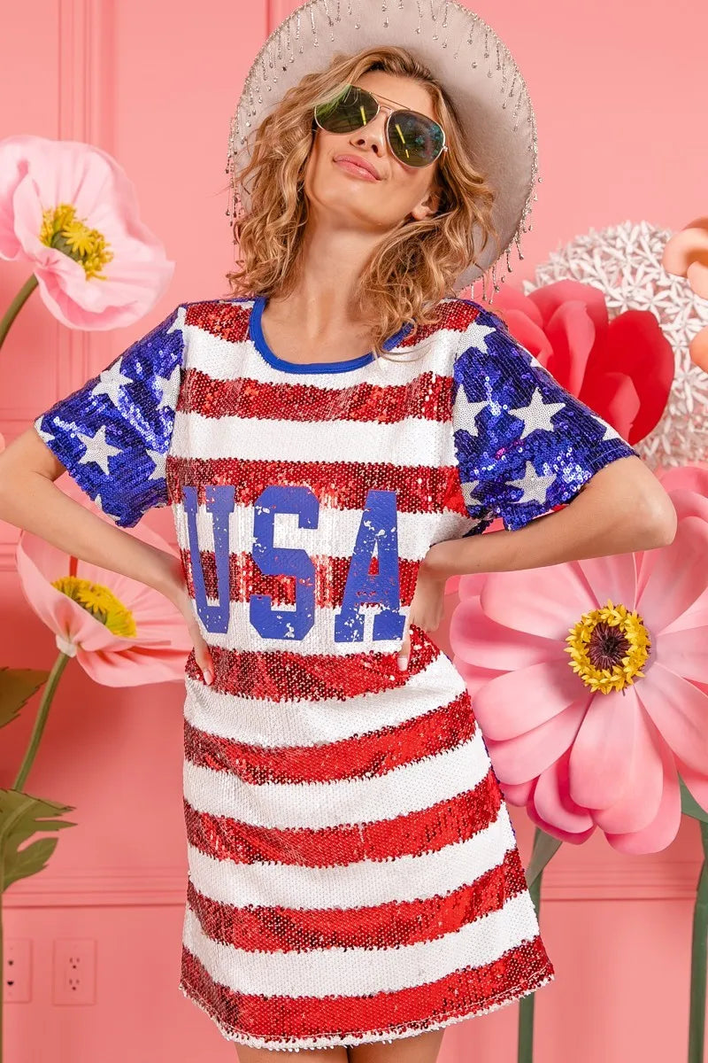 BiBi American Flag Theme Usa Print Sequin Dress Dresses Trends