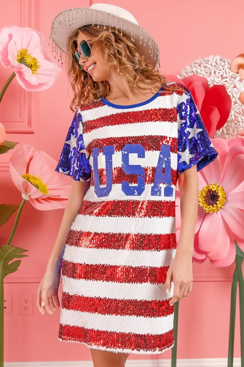 BiBi American Flag Theme Usa Print Sequin Dress Dresses Trends