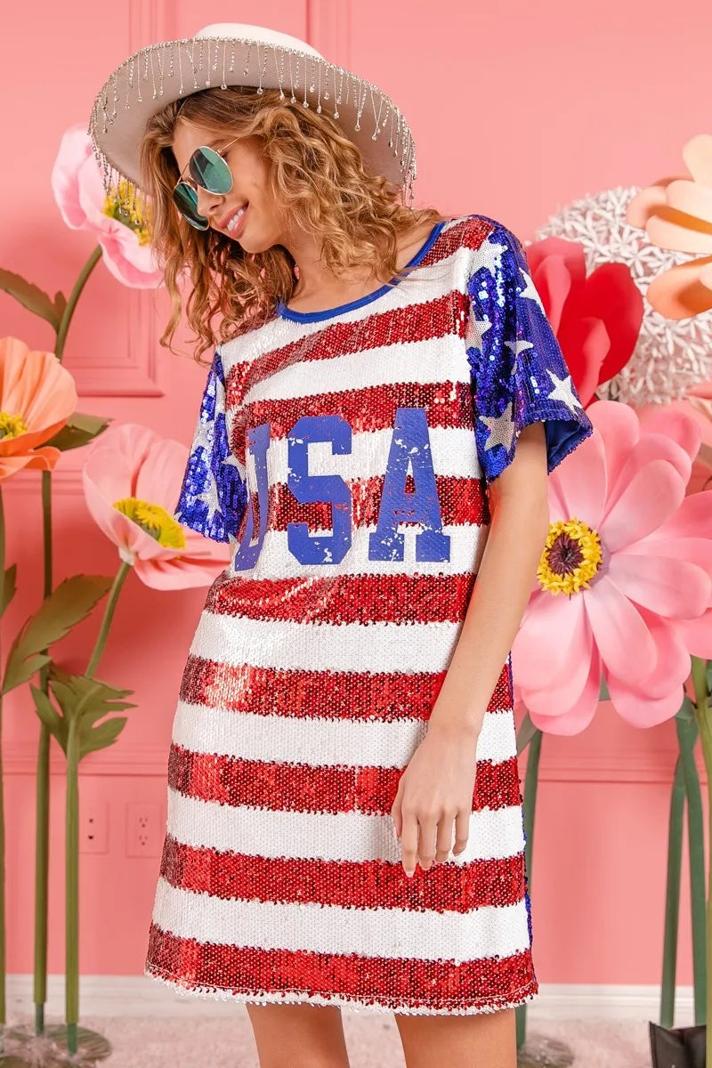 BiBi American Flag Theme Usa Print Sequin Dress Dresses Trends AMERICAN FLAG S