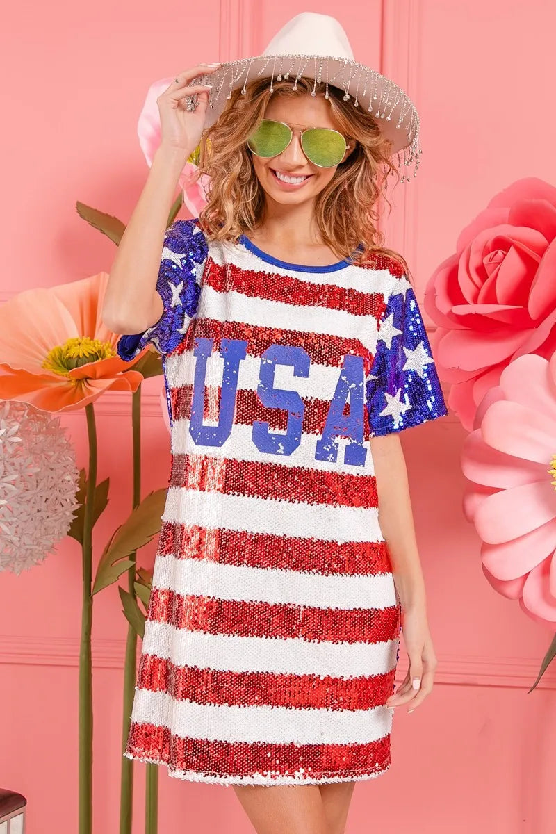 BiBi American Flag Theme Usa Print Sequin Dress Dresses Trends