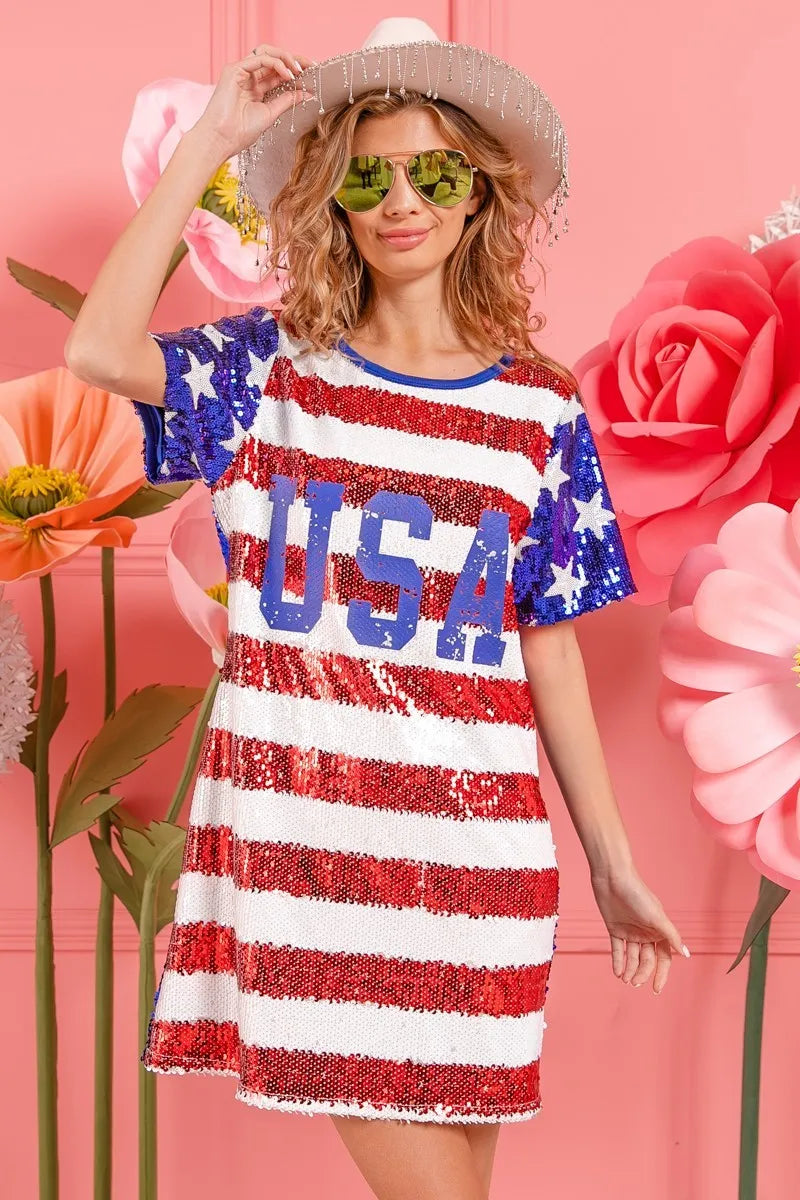 BiBi American Flag Theme Usa Print Sequin Dress Dresses Trends