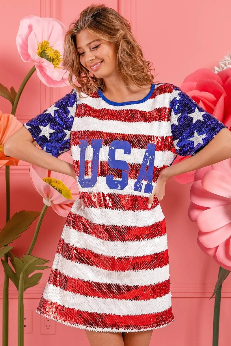 BiBi American Flag Theme Usa Print Sequin Dress Dresses Trends
